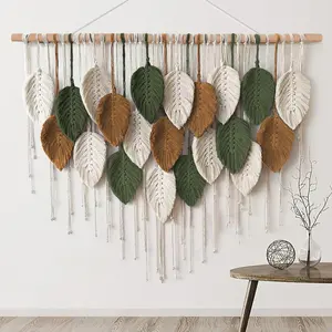 Large Macrame Wall Hanging Boho Woven Tapestry, Chic Home Decor Modern Bohemian Handmade Leaf Wall Art Decorations for Apartment Dorm Living Room Bedroom Nursery Backdrop 39"W X 29.5"L
