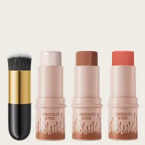 4-Piece Contour Stick Set, Highlighter, Blush Stick, Cream Contour Makeup Kit with Brush, Non-Greasy, Waterproof Long-Lasting, Ideal for Beginners