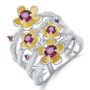 925 Sterling Silver Handmade Ring 0.96Ct Natural Rhodolite Garnet Plum Blossom Flower Rings for Women Fine Jewelry GB