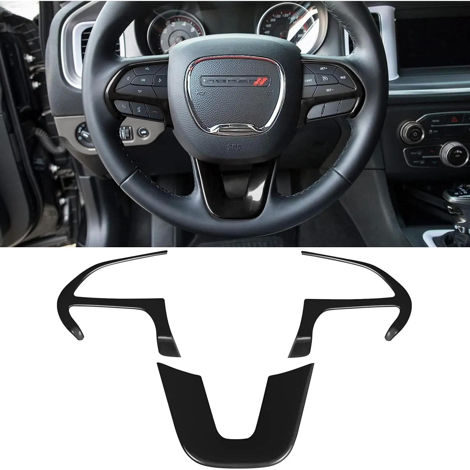 Black 3-Piece Steering Wheel Cover Decoration Kit, Car Interior Stickers for 2014-2024 Dodge Challenger, Durango & Jeep Grand Cherokee SRT8 Automotive Accessories