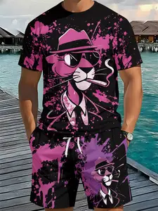 Cool Leopard Graffiti Print 3D Digital Printed Two-piece Outfit, 2Pcs, Trendy Fashion Set, Retro Casual Two-piece Suit, Stylish Tropical Vacation Wear, Breathable Sporty Casual Style, Menswear, an ideal holiday gift for men