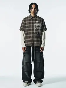 Cotton Street Distressed Plaid Faux Two-Piece Shirt Streetwear Casual