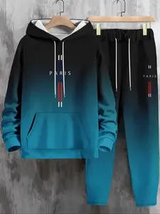 Trendy Print Hoodie Set + Pants Sportswear, Casual Fitted for Running & Outdoor Activities, Fall & Winter Wear, Streetwear Tracksuit Set