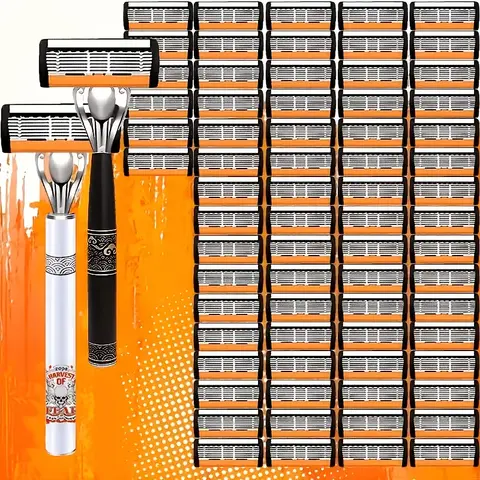 Men's Anti-Nick Blade-Type Razor Set - 6-Layer Stainless Blades, 2 Non-Slip Handles, Unscented Disposable Daily Razors for Smooth Beard Grooming (72 Durable Pieces Total)