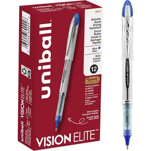 uniball Vision Elite Roller Ball Pen, Stick, Bold 0.8 Mm, Blue Ink, White/blue Barrel