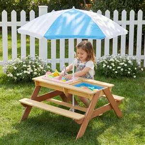 Wooden Kids Picnic Table with Sand and Water Play Activity Table, Outdoor Children's Multi-Function Bench with Umbrella for Backyard Patio Garden, Natural Wood Finish, Toddler and Preschooler Furniture, Living Room Table for Sofa Side