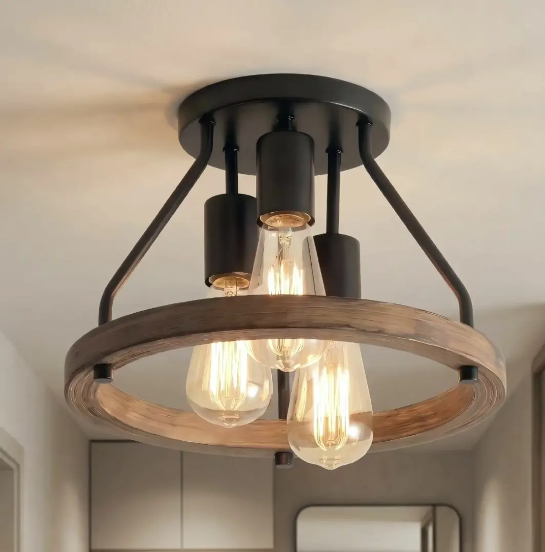 1-Count Barn Style Ceiling-Mounted Light - 3-Light Dimmable Home Decoration Lamp, Flush Semi-Recessed Farmhouse Lighting, Rubbed Metal & Solid Wood Frame, E26 Compatible, Adjustable Height, Easy Install for Kitchens (Bulbs Not Included, High Inventory)