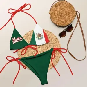 Women Mexico Flag Bikini Set Green White Red Halter Triangle Tie Side Swimsuit Comfy Summer Beach Vacation Cinco de Mayo Mexican Pride Pool Party Sunbathing Swimwear Trendy