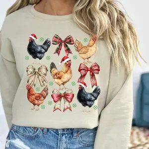 Christmas Chicken Sweatshirt, Funny Farm Animal Holiday Sweater, Chicken Mom Christmas Shirt, Cute Hen and Bow Crewneck, Farmhouse Xmas Gift