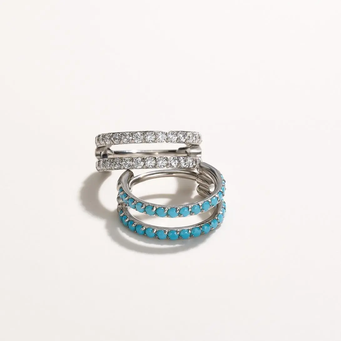 OUFER BODY JEWELRY Double Hoop Nose Ring, 20G Unisex Body Piercing Jewelry with Turquoise Stones, Hinged Segment for Double Piercing Look, Double Nose Piercing