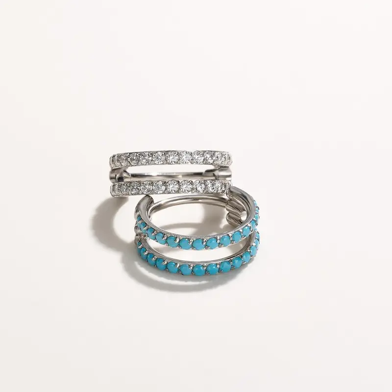 OUFER 20G Unisex Hinged Toggle Double Hoop Gems Nose Ring with Turquoise Stones, Secure Fit, Bold Look for Double Piercing, Comfortable Hinged Segment Piercing Hoop