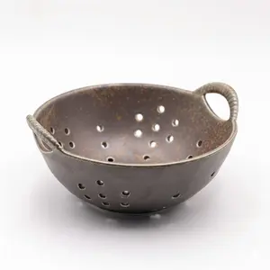 8" Ceramic Berry Colander with Handles, Reactive Glaze Fruit Washing Bowl, Rustic Stoneware Pasta Strainer for Kitchen (Charcoal Grey)