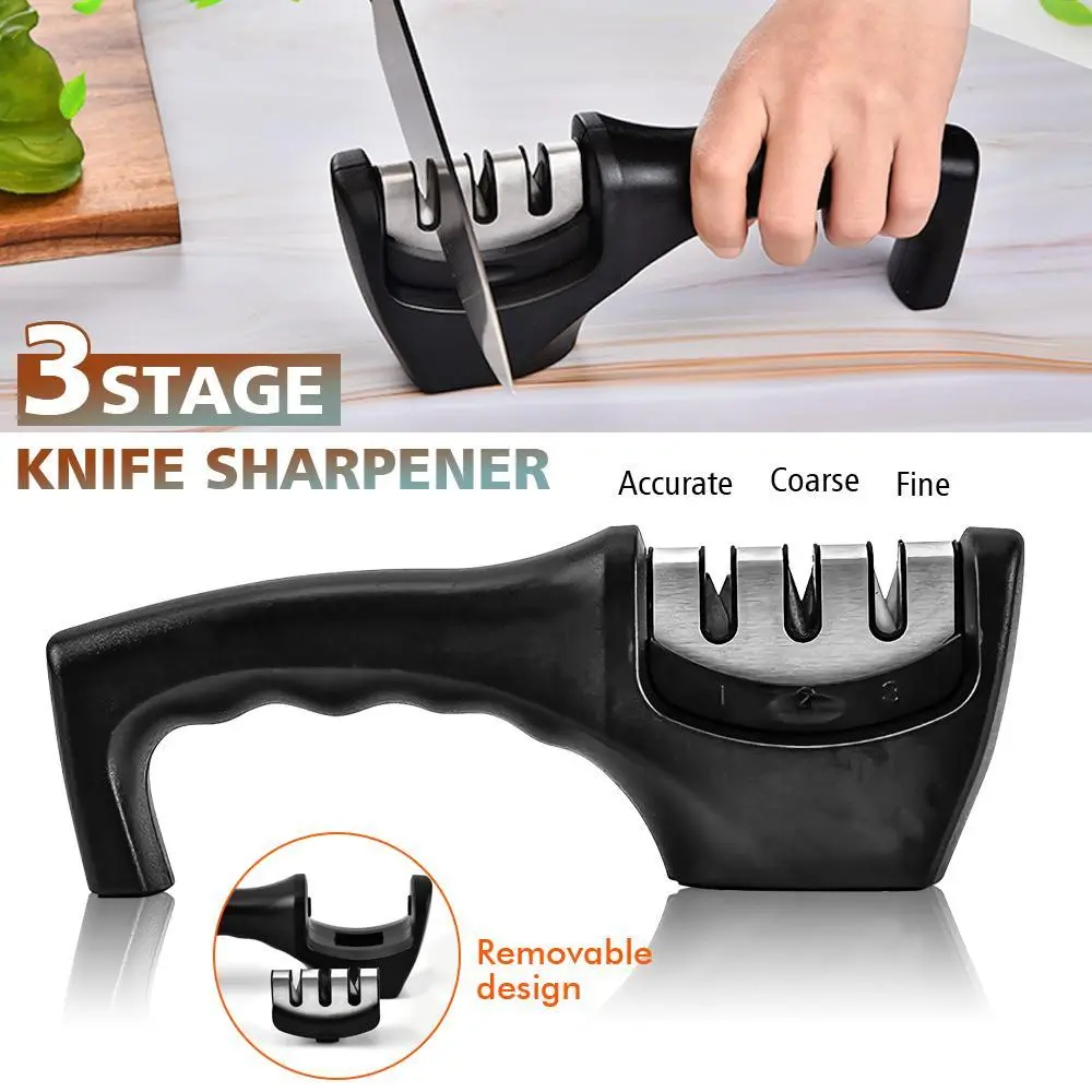 Handheld 3-Stage Kitchen Knife Sharpener with 3 Stage Sharpening, Durable Kitchenware Tool, Non-Slip Base, Ceramic & Stainless Steel Blades for Convenient Quick Cutting, Convenient To Use