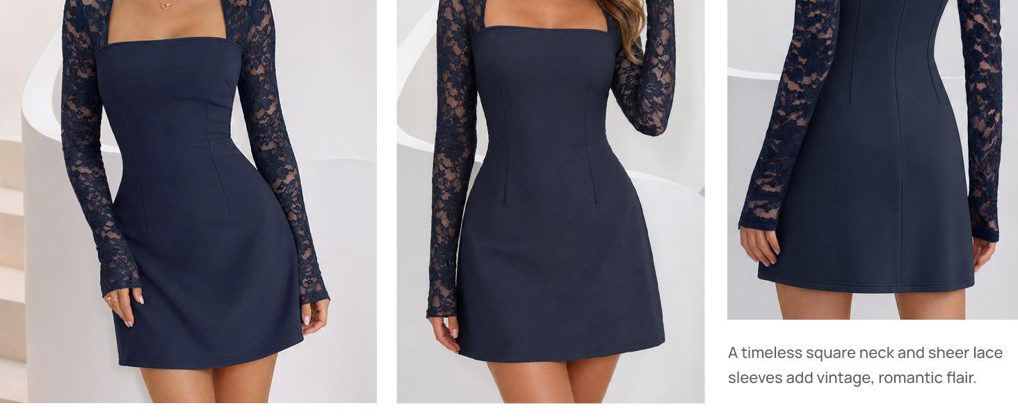 MEROKEETY Women's Square Neck Lace Long Sleeve Mini Dress Fall Bodycon Cocktail Wedding Guest Formal Short Dresses