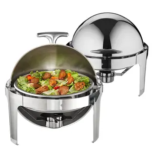 Roll Top Chafing Dish Buffet Set, 6 Qt Two-Pack, Stainless Steel Chafer With Two Full-Size Pans, Round Catering Warmer Server With Lid, Water Pan, Stand And Fuel Holder, For At Least Five People Each