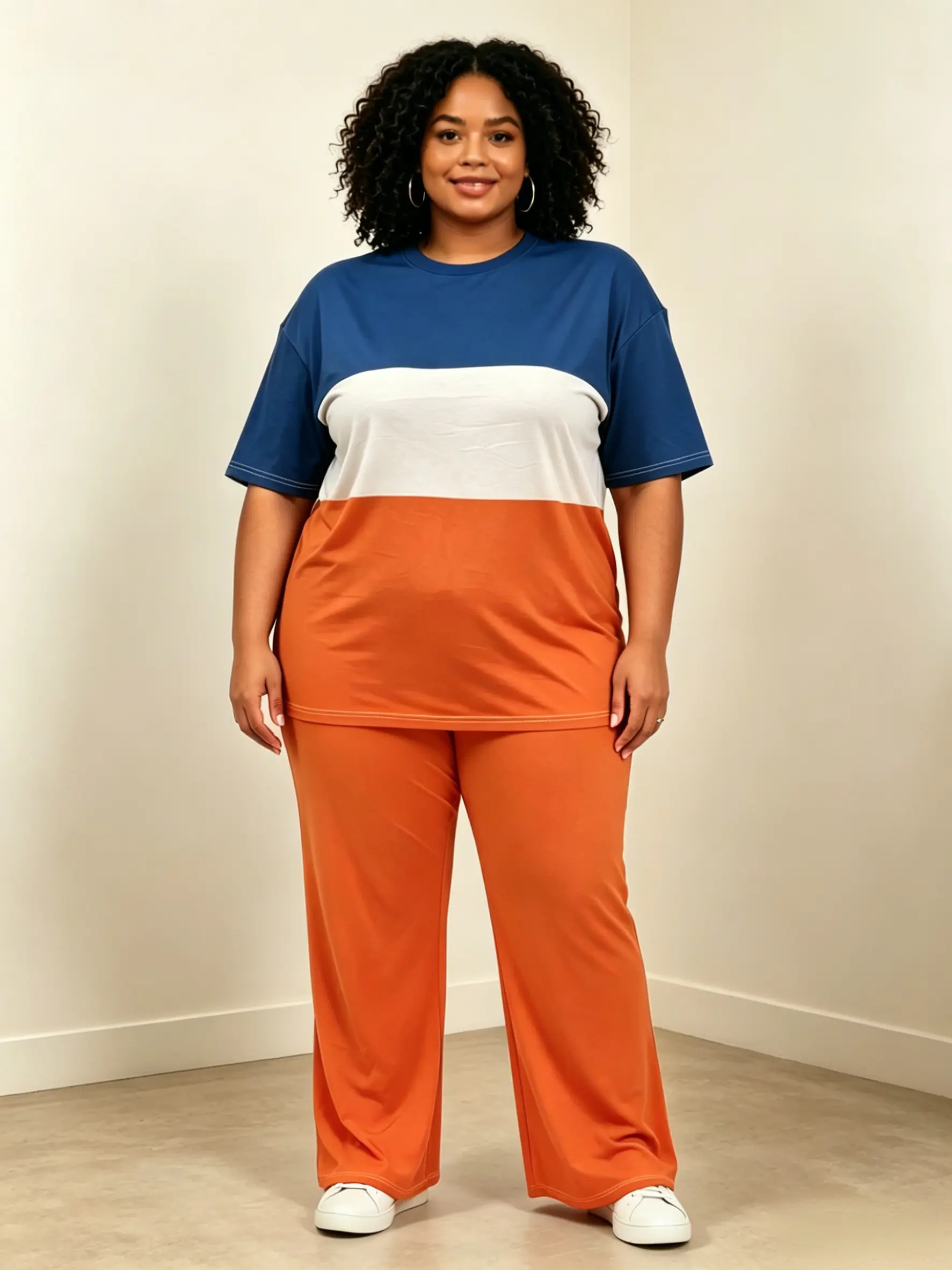 Plus Size Casual Outfit Set – Flattering Color Block Look, Soft Stretch Fabric, Relaxed Fit Long Sleeve Top & Wide Leg Pants adjustable clothes short sleeve top