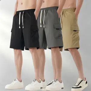 Summer men's solid color fashion work shorts, regular style with drawstring and side pockets, suitable for outdoor and everyday wear