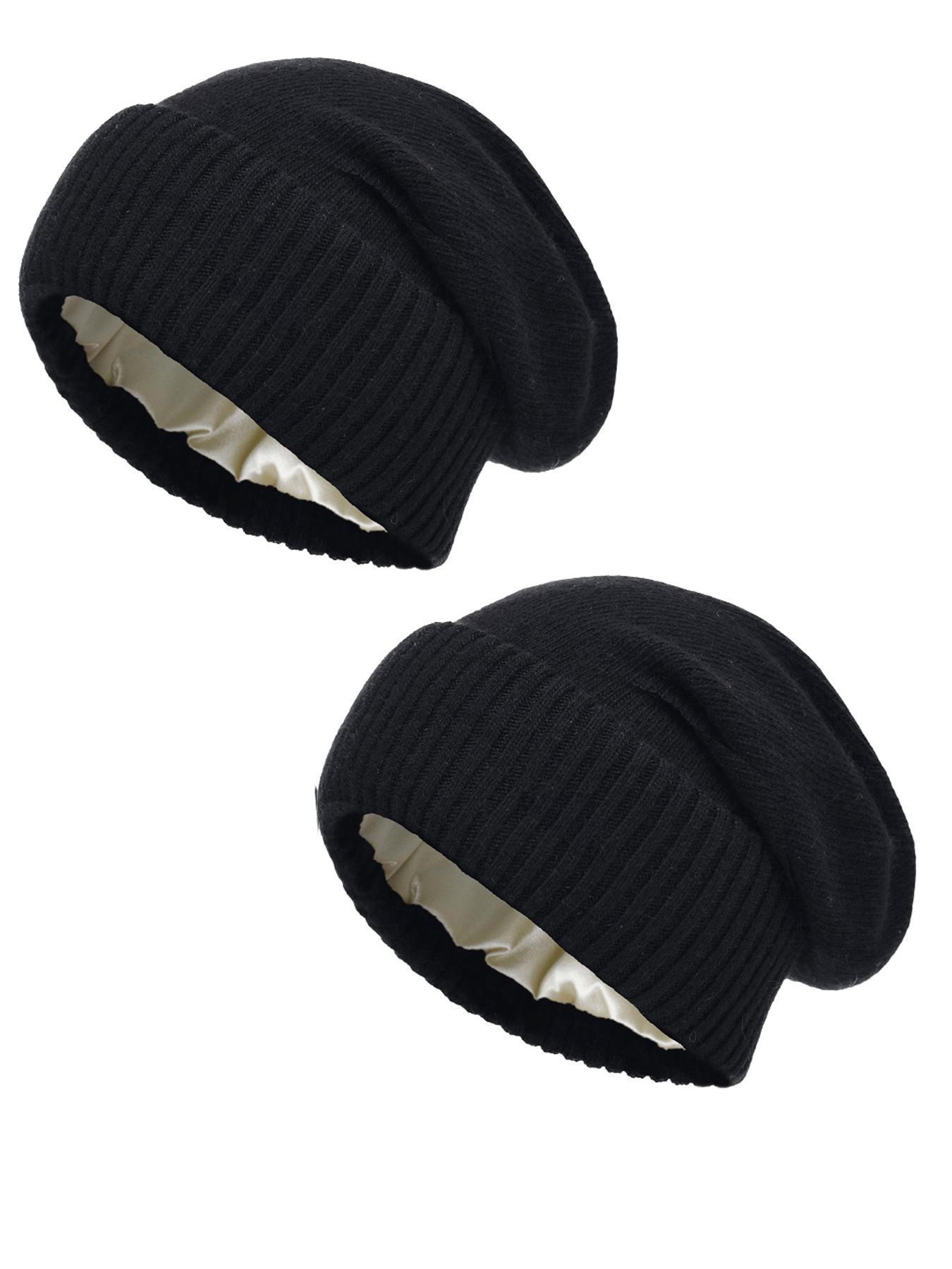 New Wool Blend Satin Lined Knit Beanie Hat, Lightweight Unisex Soft Loose Fit Warm Cap for Fall & Winter, Casual Style