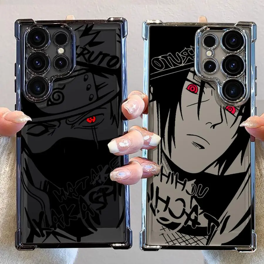 "Sharingan Masked Ninja" Anime Phone Case for Samsung Galaxy S26 S25 S24 S23 S22 S21 FE Ultra Plus iPhone 17 16 15 14 13 12 11 Pro Max Air, Black Line Art Electroplated Shockproof Cover for Fans