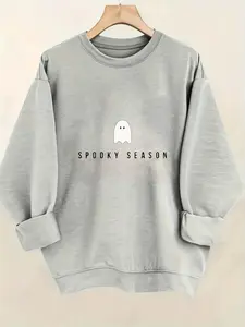[Halloween Graphic Sweatshirt] Spooky Season Halloween Women's Long Sleeve Crewneck Sweatshirt  Jack-O'-Lantern & Bats Graphic, Casual Gray Pullover for Fall & Winter