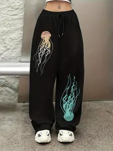 Black Wide Leg Sweatpants "Gradient Jellyfish Print" Ocean Art Pants - 2026 Trending Streetwear, Soft Breathable Fabric Perfect for Festivals & Daily Outings, Bold Colorful Print That Stands Out, Versatile Relaxed Fit
