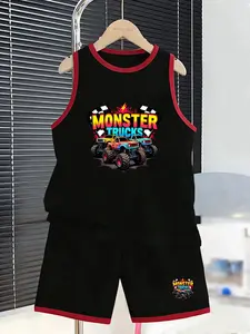 Monster Truck Boys' Cool Tank Top Set, Cartoon Print, Loose-Fit, Casual Style, Perfect for Outdoor Play, Friend Gatherings, Holiday Trips, Sleeveless Set