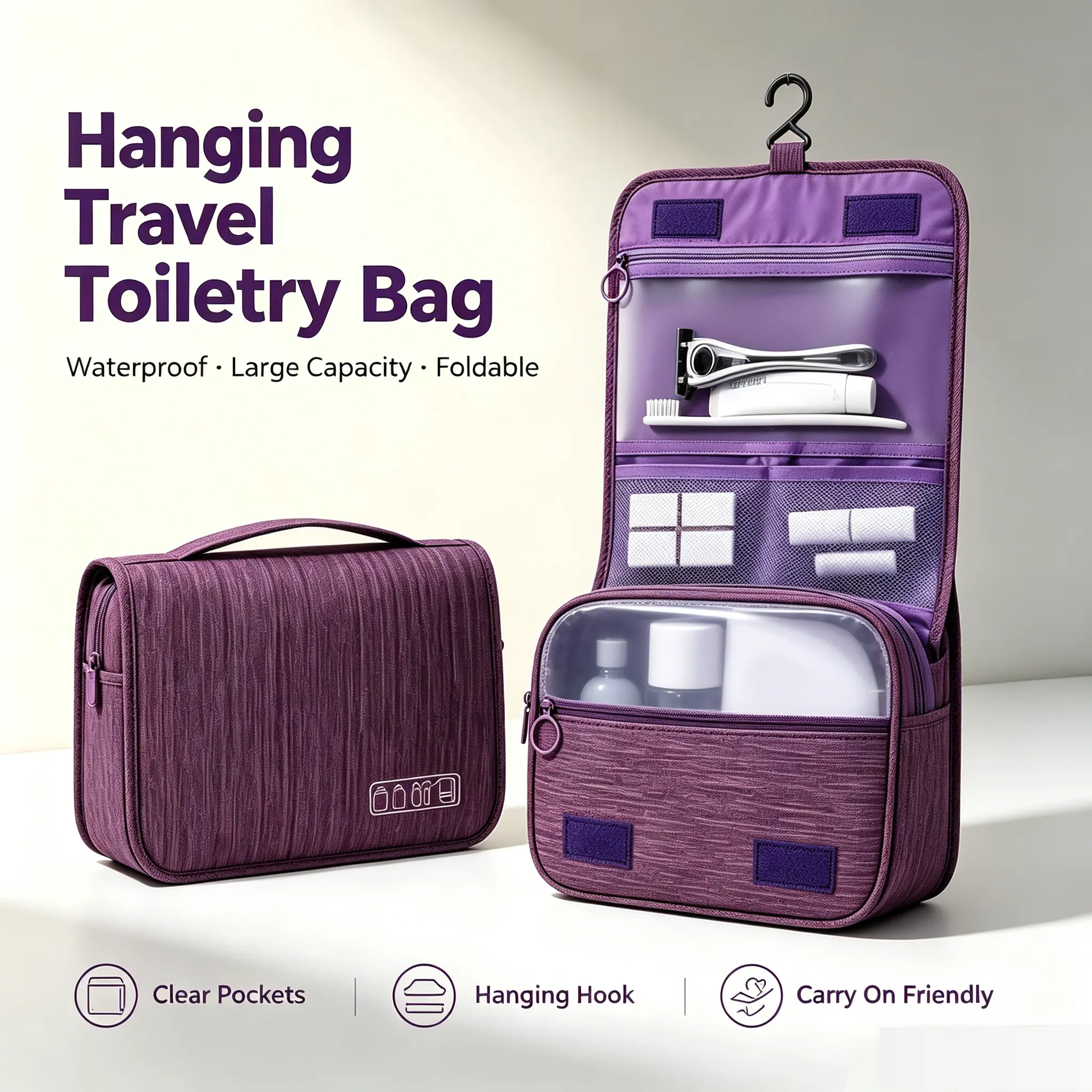 Hanging Travel Toiletry Bag for Women and Men, Large Capacity Waterproof Cosmetic Organizer Bag with Hook, Portable Bathroom Storage Bag for Makeup, Shampoo, Toiletries, Travel Essentials and Accessories