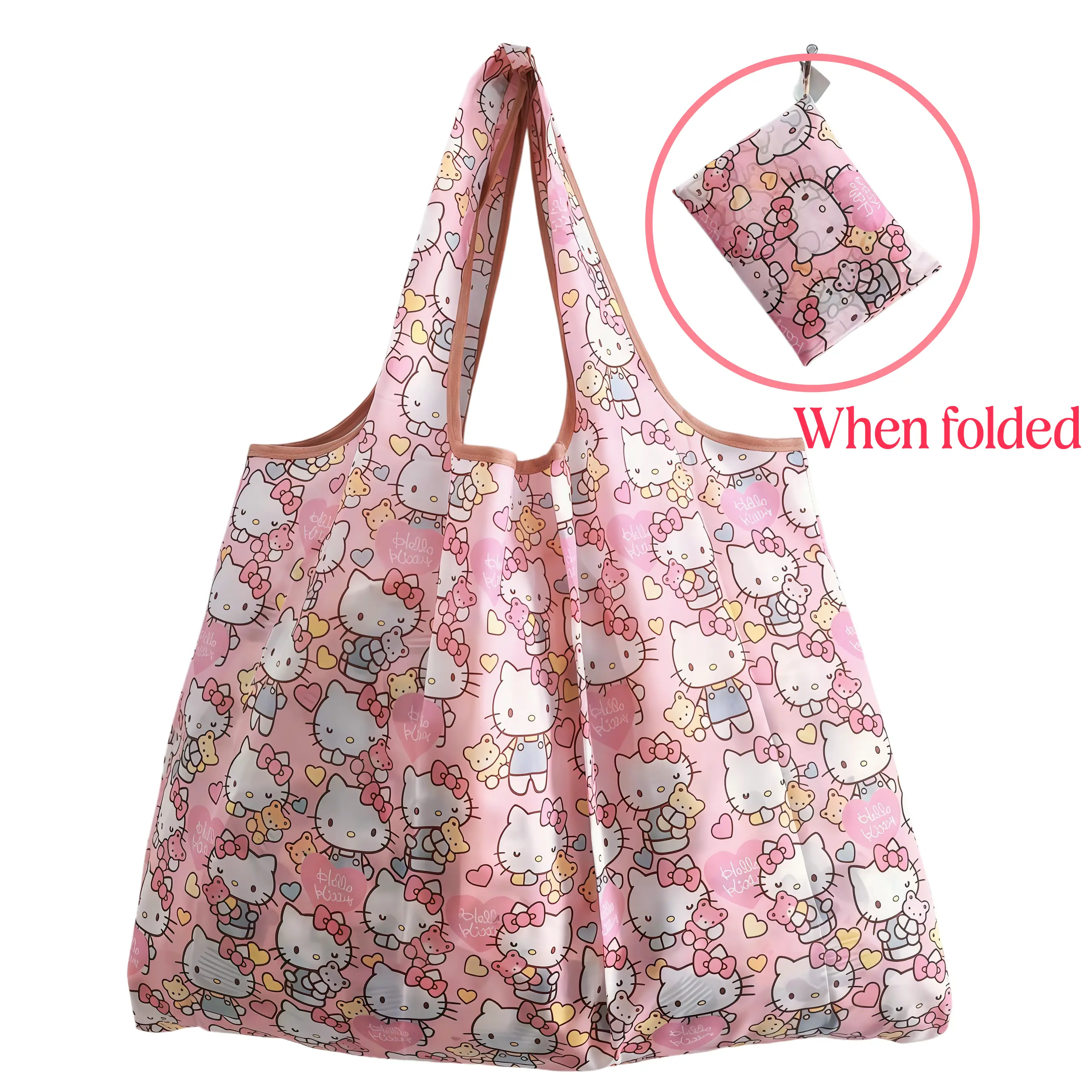 Sanrio Hello Kitty Foldable Reusable Shopping Tote Bag, Lightweight Portable Grocery Bag, Compact Folds Into Small Pouch, Eco‑Friendly Cartoon Shoulder Handbag for Supermarket Travel Daily Use, Fan Gift for Girls Women