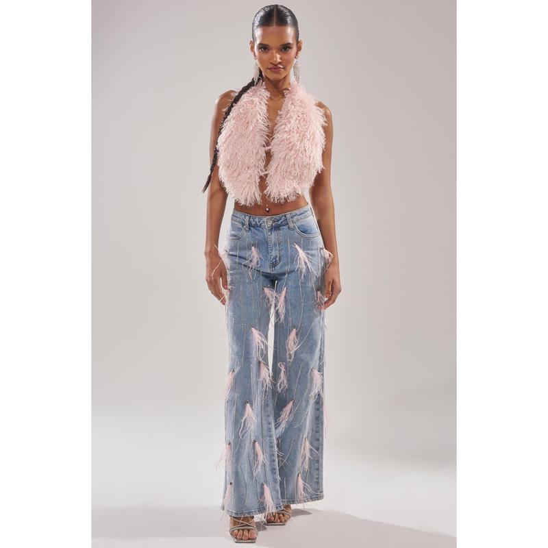 SHAKE IT FOR ME GIRL FEATHER EMBELLISHED DENIM