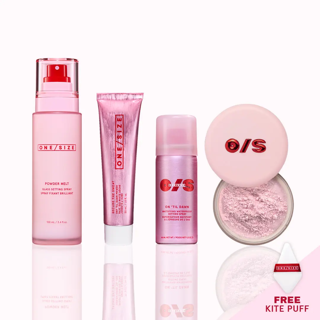 Glass Act Value Set | Sweatproof Primer, Powder Melt Setting Spray, Blurring Setting Powder + Mini On ’Til Dawn Setting Spray with Free Puff