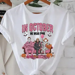 Women'S Halloween Graphic T-Shirt in October We Wear Pink Lettering with Ghosts Pumpkins Candy Design Hot Topic Tee Hall Cotton Tee – All Genders