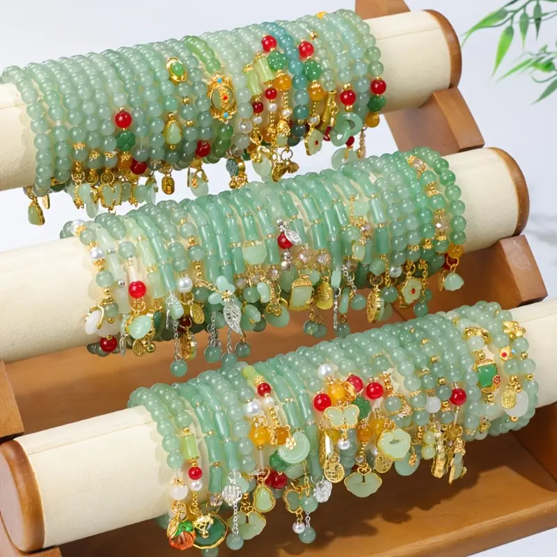 Exquisite Trendy Bracelets for Women, 12-Piece Stackable Green Beaded Set with Crackle Glass & Floral Pendants, Fashionable Matching Pairs for Daily Wear, Exquisite Trendy Bracelet, Fashionable Bracelet