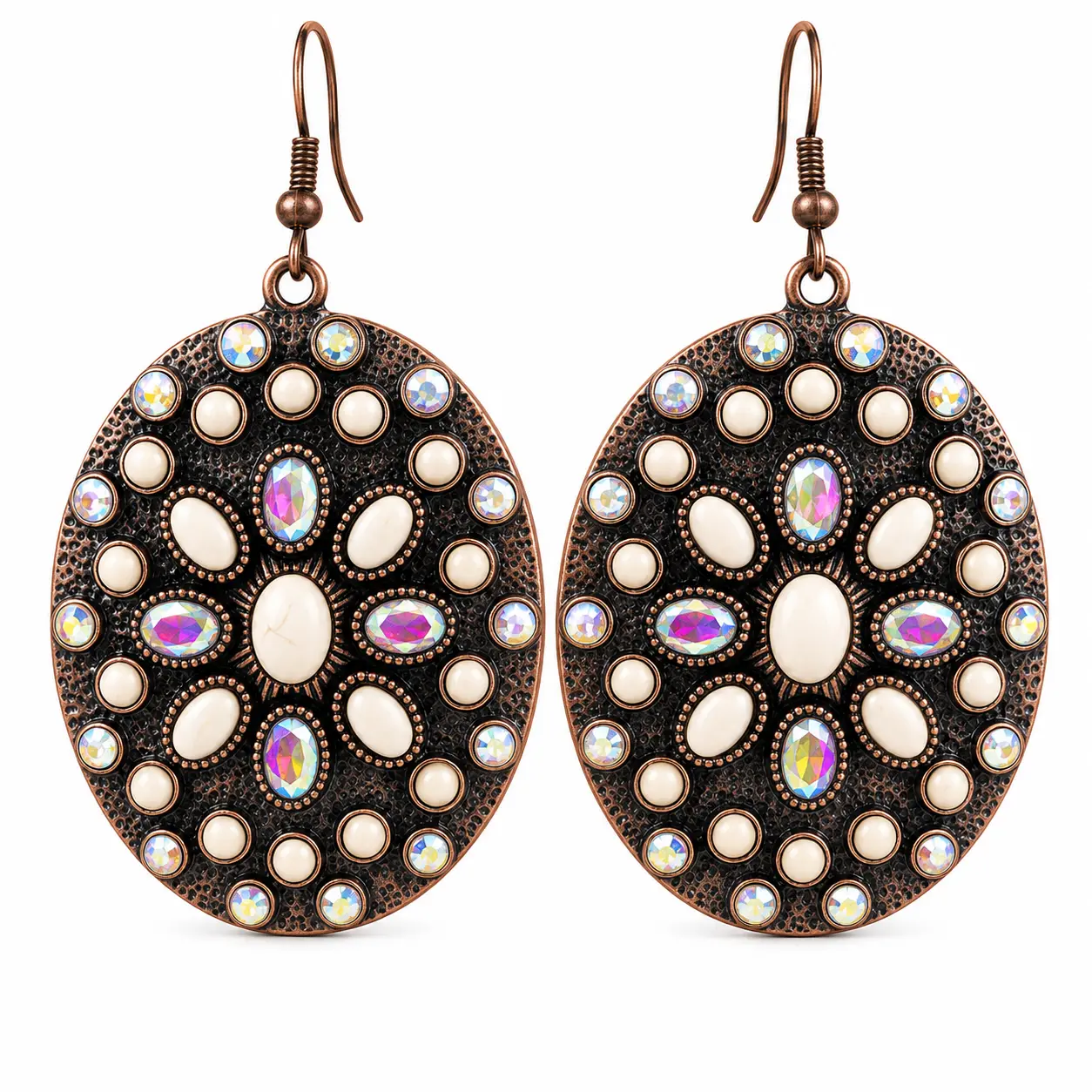 EH-A28- Vintage Bronze Mandala Dangle Earrings | Creamy Crackle Stone & Iridescent Aurora Crystal Mosaic | Lightweight 40g Statement Boho Jewelry
