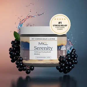 My Conscious Living Serenity Reishi Mushroom Gummies 15000mg Fruiting Bodies Elderberry Kiss Stress Relief Immune Support