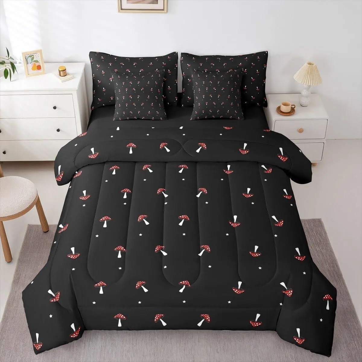 Feelyou 7-Piece Cute Mushroom Queen Comforter Bed Set, Kid Cartoon Kawaii Bedding with Comforter, Sheets, Pillowcases, Natural Wild Plants Fungus Design, Queen Comforter Set