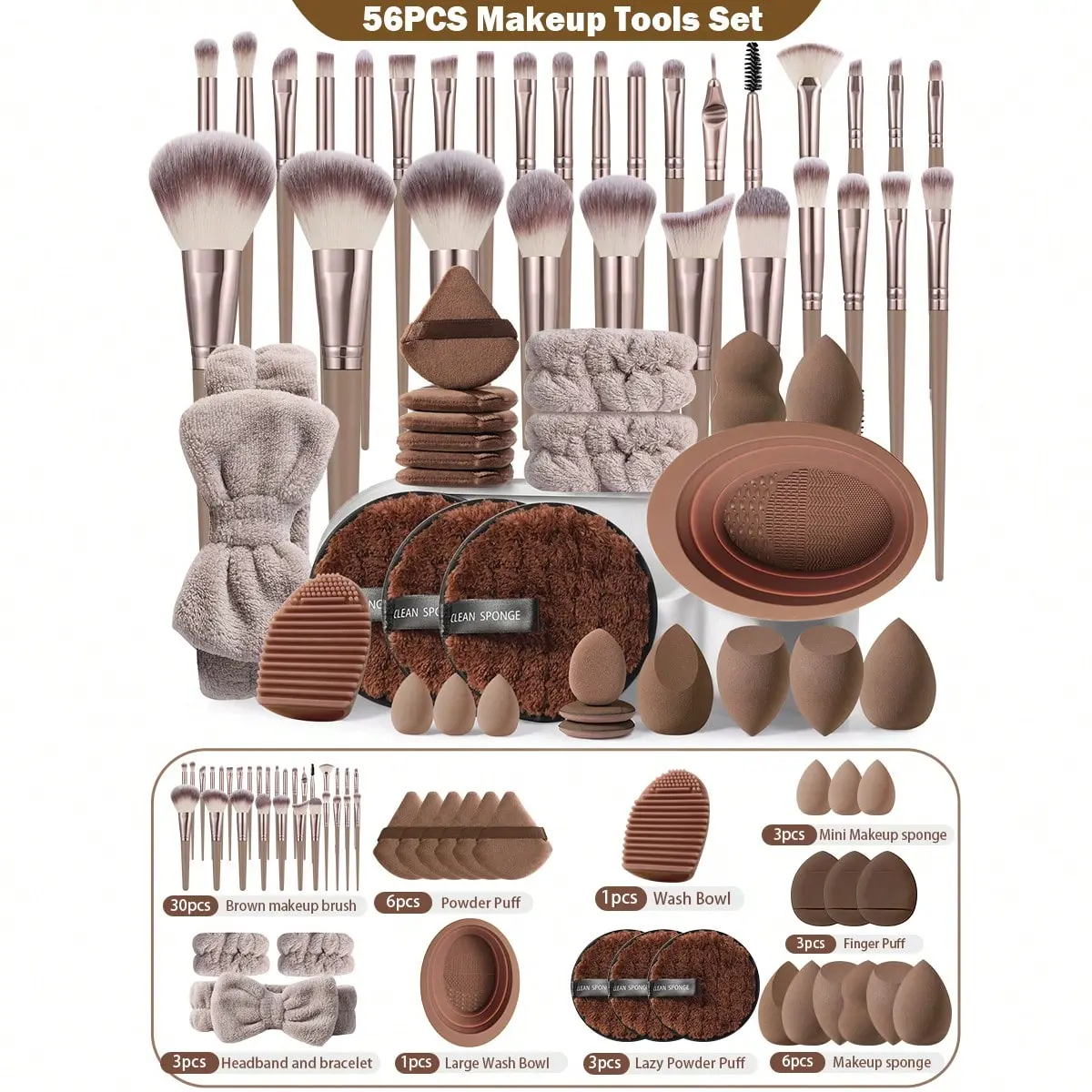 Makeup Brush Powder Puff Tool Set, 56 Piece Makeup Tools, Soft Bristles, Beauty Sponge, Loose Powder Puffs, Face Cleaning Pad & Bag, Makeup Brush Cleaner