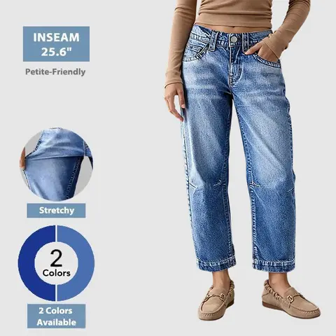 Flamingals Seaming Detail Mid Waist Straight Leg Crop Jeans Stretchy 25.6" Inseam Casual Fit