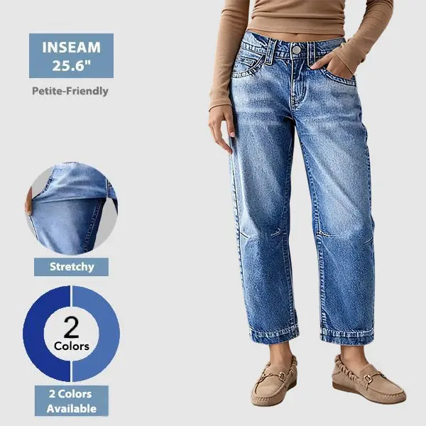 Flamingals Seaming Detail Mid Waist Straight Leg Crop Jeans Stretchy 25.6" Inseam Casual Fit