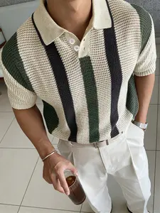 Men's Spring Summer Knitted Short Sleeve Polo Shirt, Striped Colorblock Design, Slim-Fitting Menswear Business Casual Wear, Perfect for Work, Office & Travel