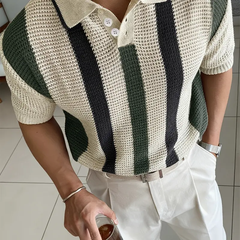 Men's Spring Summer Knitted Short Sleeve Polo Shirt Tops, Striped Colorblock Design, Slim-Fitting Business Casual Wear, Perfect for Work & Travel, Knitted Polo Shirts
