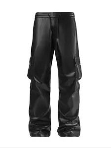 Men's Solid Color Casual Multi-Pocket Elastic Waist Stretchable Leather Pants, Daily Wear, Comfortable and Stylish, Perfect for Leisure