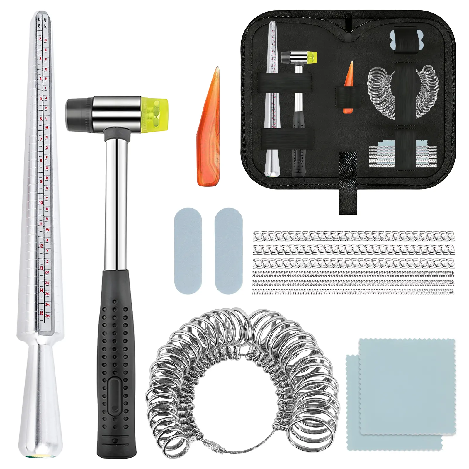 Professional Jewelry Making Kits - Ring Size Adjusters & Sizing Full Set for DIY Jewelry Enthusiasts, Alloy Mandrel, Double-Sided Rubber Mallet, Full Ring Sizer Gauges, Blue Polishing Bars, Polishing Cloth, Fixing Dents Tool, Full Set Of Metal Ring Sizer
