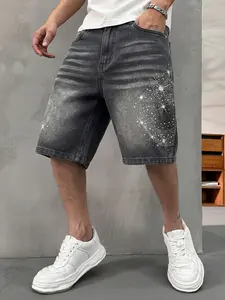 Men's Washed Loose Wide Leg Jeans Shorts, Star Moon Rhinestone Rivet Five-Panel Pants, Vintage Classic Oversized Summer Casual Jean Shorts