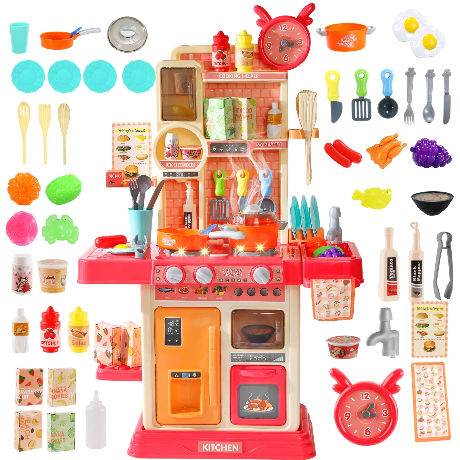 45pcs Kids Kitchen Playset with Sound and Light, Includes Cooking Stove, Play Sink, and Kitchen Accessories, Pretend Play Kitchen for Toddlers