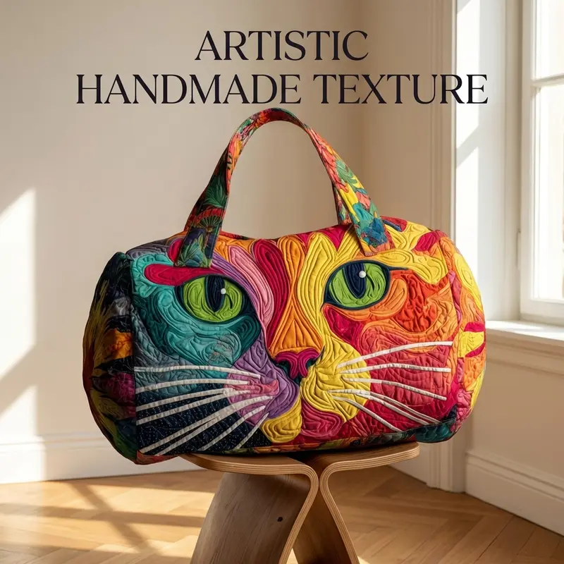 Women Quilted Duffle Tote Bag, Vibrant Colorful Cat Face Art Patchwork Print Shoulder Handbag, Large Capacity Weekend Travel Shopping Bag, Abstract Rainbow Cat Portrait Tote Purse for Daily & Overnight Trip