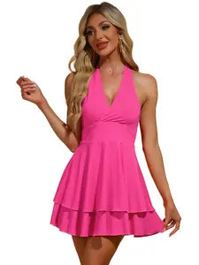 INSPIRE CHIC Women's Party Deep V Ruffle Hem Dress Slim Fit Short Mini Halter Dress