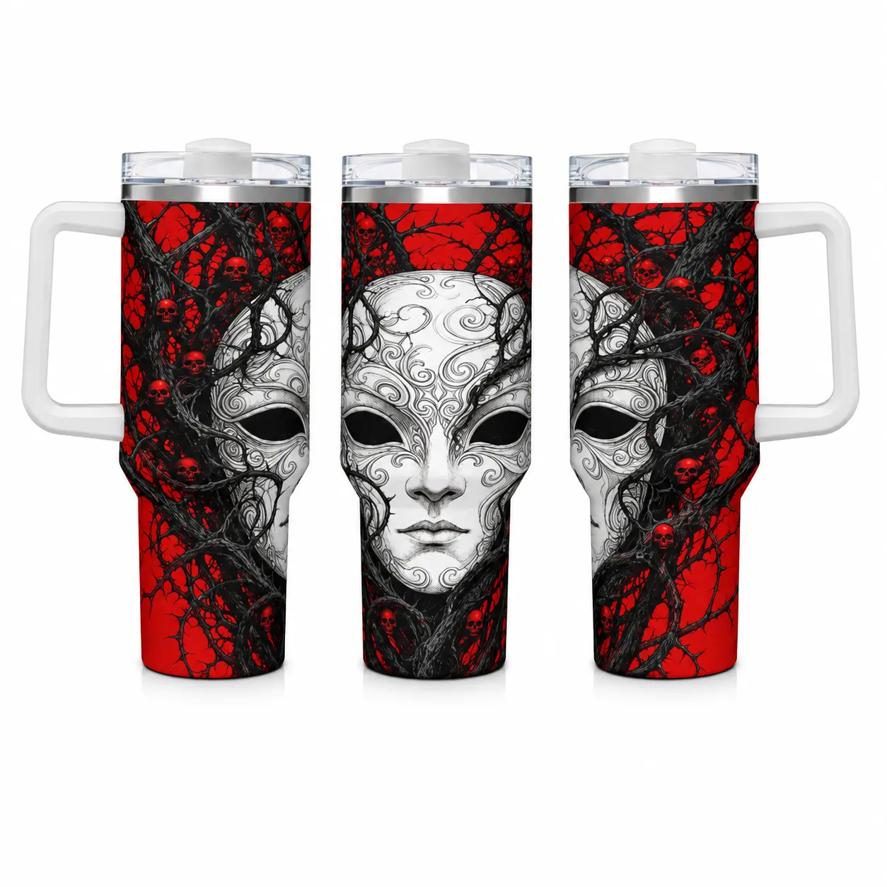 40oz Insulated 304 Stainless Steel Tumbler Water Bottle - Double Wall Vacuum Travel Mug with Handle, Straw, Leak-Proof Lid, Car Cup Holder Fit, Bright Red Gothic Mask Thorn Vine Skulls Full-Wrap Print - Dark Alt Gift for Goth Horror Lovers, Water Bottles
