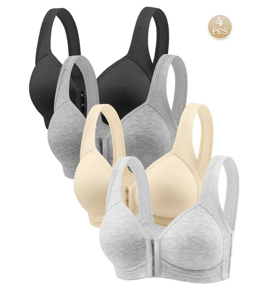4PCS EssElegance Adjustable Front Closure Push-Up Bra Wire-Free Cross-Back, Seamless & Side Support For Daily Wear, Spring-Summer Comfort