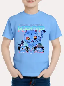 K-Pop Demon Hunters Boys' Blue T-Shirt, Cartoon Pattern, Fitted Casual Wear, Skin-Friendly Fabric, Fun Clothing