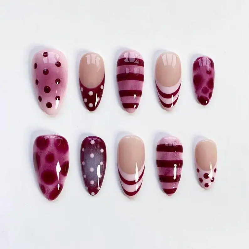Mulberry Cute Polka Dot Nails/Purple Nails/Pink Press on nails long almond nails/Kawaii Nails/Birthday Nails/Striped French Custom Nails